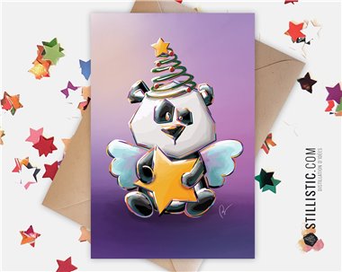 Carte de voeux papier 350g avec Illustration Originale Panda Etoile et Sapin pour Noël Nouvel An Fêtes de fin d'année