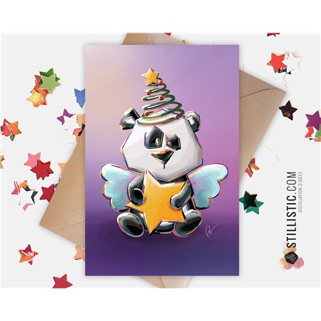 Carte de voeux papier 350g avec Illustration Originale Panda Etoile et Sapin pour Noël Nouvel An Fêtes de fin d'année