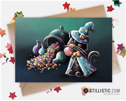 Carte de voeux papier 350g avec Illustration Originale Halloween Chat sorcier Chaudron Potions et Bonbons pour anniversaire