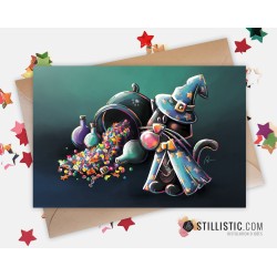 Carte de voeux papier 350g avec Illustration Originale Halloween Chat sorcier Chaudron Potions et Bonbons pour anniversaire