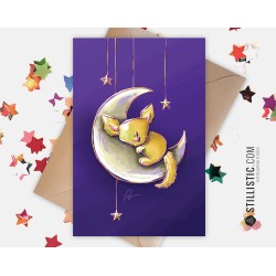 Carte de voeux papier 350g avec Illustration Originale Fennec et lune pour Noël Nouvel An Amitié Anniversaire Naissance