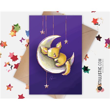 Carte de voeux papier 350g avec Illustration Originale Fennec et lune pour Noël Nouvel An Amitié Anniversaire Naissance