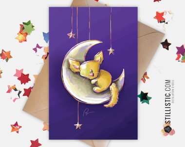 Carte de voeux papier 350g avec Illustration Originale Fennec et lune pour Noël Nouvel An Amitié Anniversaire Naissance