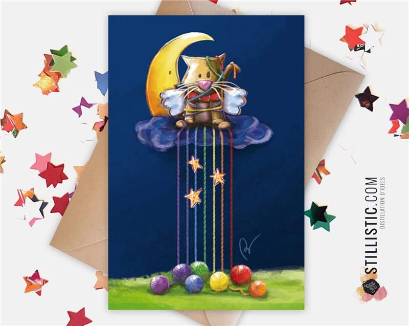 Carte de voeux papier 350g avec Illustration Originale Chat Lune et pelotes arc-en-ciel pour Amitié Anniversaire