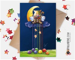 Carte de voeux papier 350g avec Illustration Originale Chat Lune et pelotes arc-en-ciel pour Amitié Anniversaire