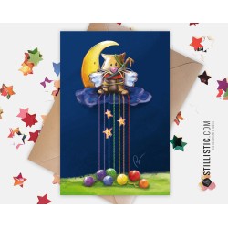 Carte de voeux papier 350g avec Illustration Originale Chat Lune et pelotes arc-en-ciel pour Amitié Anniversaire