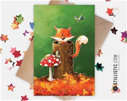 Carte de voeux papier 350g avec Illustration Originale Petit renard dans la forêt pour Anniversaire Naissance