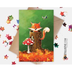 Carte de voeux papier 350g avec Illustration Originale Petit renard dans la forêt pour Anniversaire Naissance