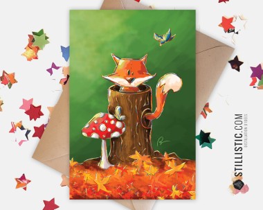 Carte de voeux papier 350g avec Illustration Originale Petit renard dans la forêt pour Anniversaire Naissance