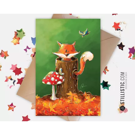 Carte de voeux papier 350g avec Illustration Originale Petit renard dans la forêt pour Anniversaire Naissance
