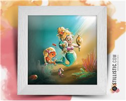 Cadre carré avec Illustration Sirène Chihuahua et poissons pour Chambre Enfant bébé 25x25cm