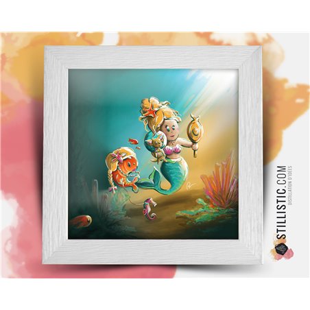 Cadre carré avec Illustration Sirène Chihuahua et poissons pour Chambre Enfant bébé 25x25cm