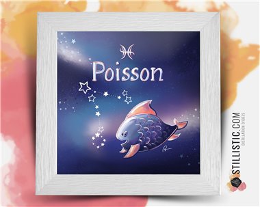 Cadre carré avec Illustration signe astrologique poisson phosphorescent pour Chambre Enfant bébé 25x25cm