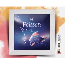 Cadre carré avec Illustration signe astrologique poisson phosphorescent pour Chambre Enfant bébé 25x25cm