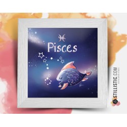 Cadre carré avec Illustration signe astrologique poisson phosphorescent pour Chambre Enfant bébé 25x25cm