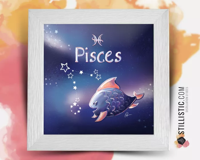 Cadre carré avec Illustration signe astrologique poisson phosphorescent pour Chambre Enfant bébé 25x25cm