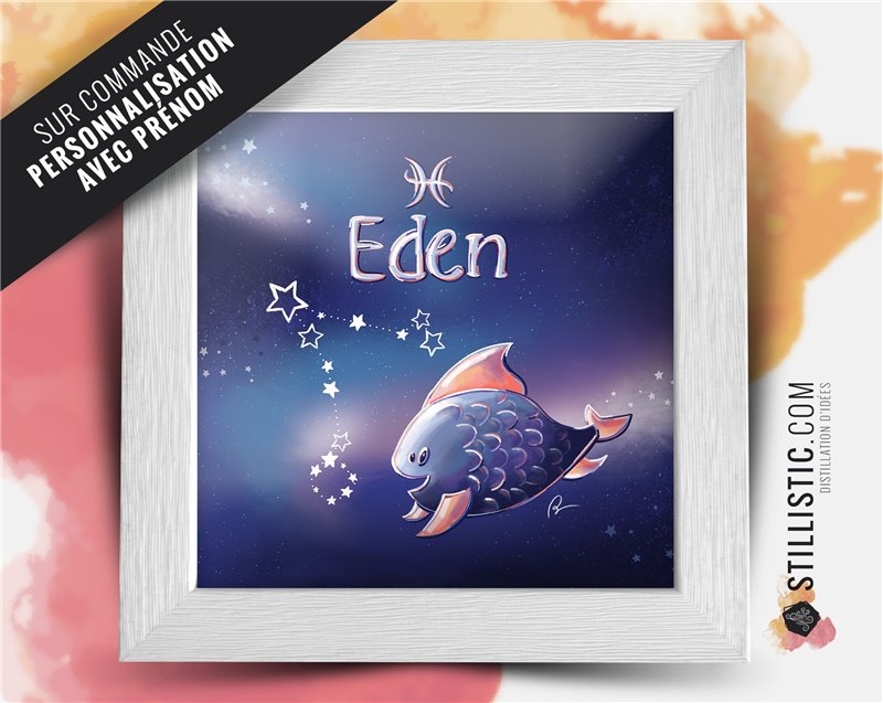 Cadre carré avec Illustration signe astrologique poisson phosphorescent pour Chambre Enfant bébé 25x25cm
