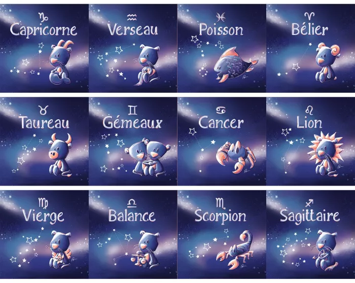 Cadre carré avec Illustration signe astrologique poisson phosphorescent pour Chambre Enfant bébé 25x25cm