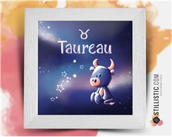 Cadre carré avec Illustration signe astrologique taureau phosphorescent pour Chambre Enfant bébé 25x25cm
