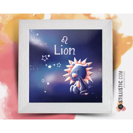 Cadre carré avec Illustration signe astrologique lion phosphorescent pour Chambre Enfant bébé 25x25cm