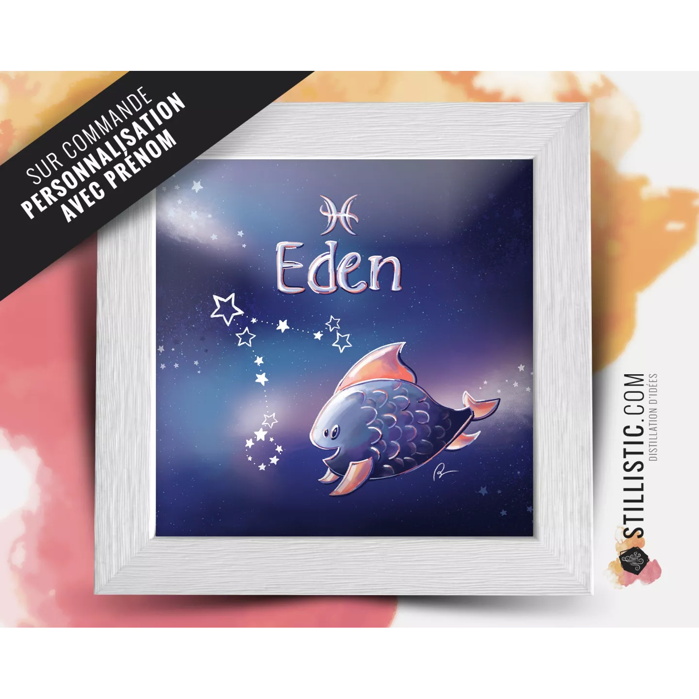 Cadre carré avec Illustration signe astrologique capricorne phosphorescent pour Chambre Enfant bébé 25x25cm