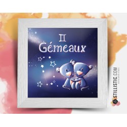 Cadre carré avec Illustration signe astrologique gémeaux phosphorescent pour Chambre Enfant bébé 25x25cm