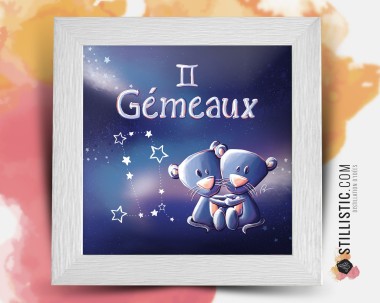 Cadre carré avec Illustration signe astrologique gémeaux phosphorescent pour Chambre Enfant bébé 25x25cm