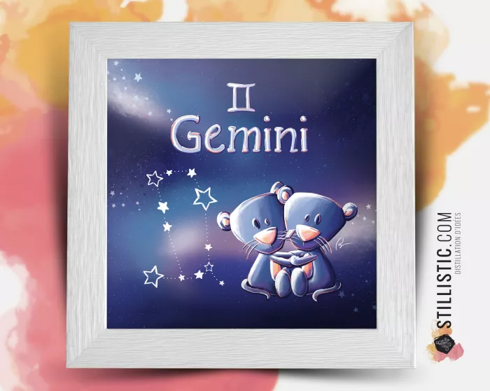 Cadre carré avec Illustration signe astrologique gémeaux phosphorescent pour Chambre Enfant bébé 25x25cm