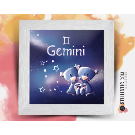 Cadre carré avec Illustration signe astrologique gémeaux phosphorescent pour Chambre Enfant bébé 25x25cm