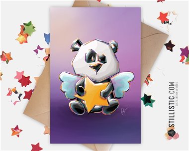 Carte de voeux papier 350g avec Illustration Originale bébé ange panda et étoile pour Anniversaire Naissance