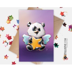 Carte de voeux papier 350g avec Illustration Originale bébé ange panda et étoile pour Anniversaire Naissance