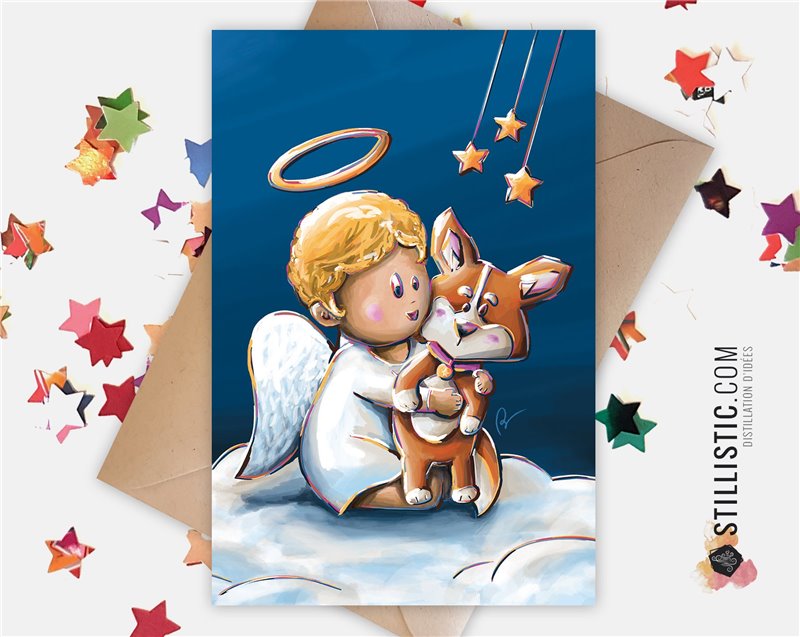Carte de voeux papier 350g avec Illustration Originale Chiot Corgi et Ange pour Noël Nouvel An