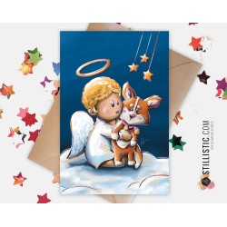 Carte de voeux papier 350g avec Illustration Originale Chiot Corgi et Ange pour Noël Nouvel An