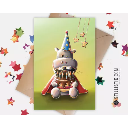 Carte de voeux papier 350g avec Illustration Originale Hippopotame super héros gateau pour Anniversaire