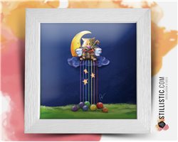 Cadre carré avec Illustration  Chaton, lune et pelotes arc-en-ciel pour Chambre Enfant bébé 25x25cm