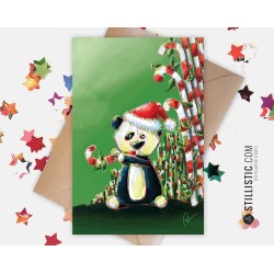 Carte de voeux papier 350g avec Illustration Originale Bébé Panda et sucres d'orge pour Noël Nouvel An Fêtes de fin d'année