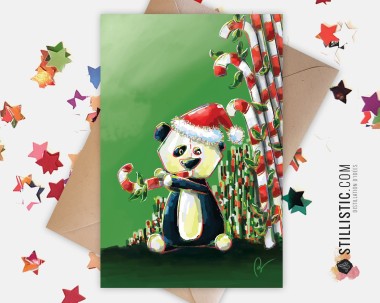 Carte de voeux papier 350g avec Illustration Originale Bébé Panda et sucres d'orge pour Noël Nouvel An Fêtes de fin d'année