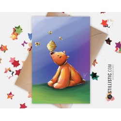 Carte de voeux papier 350g avec Illustration Originale Ourson et abeilles pour Amitié Anniversaire Naissance