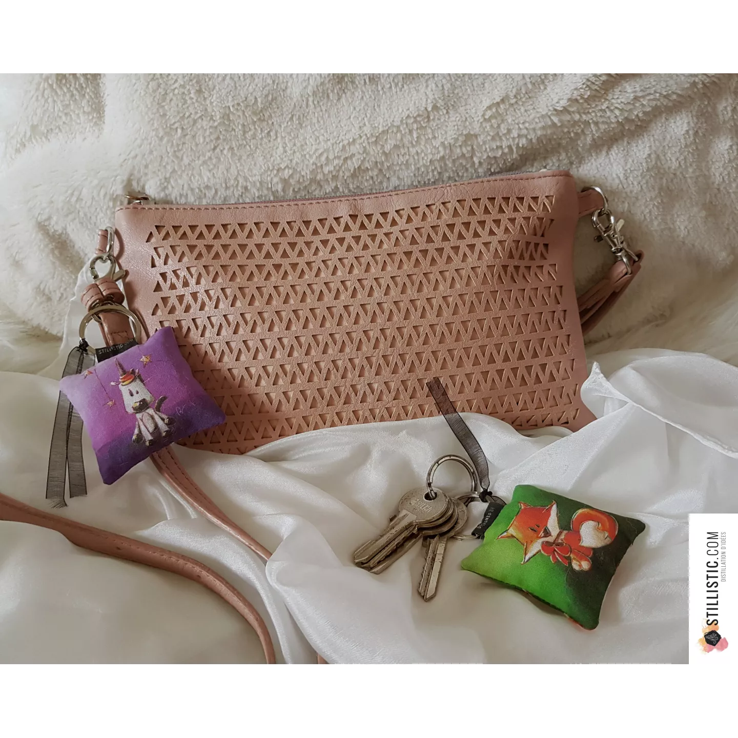 1 x Porte-clé / Bijou de sac en tissu Coton OekoTex fait main motif Renard polaire pour femme ou enfant