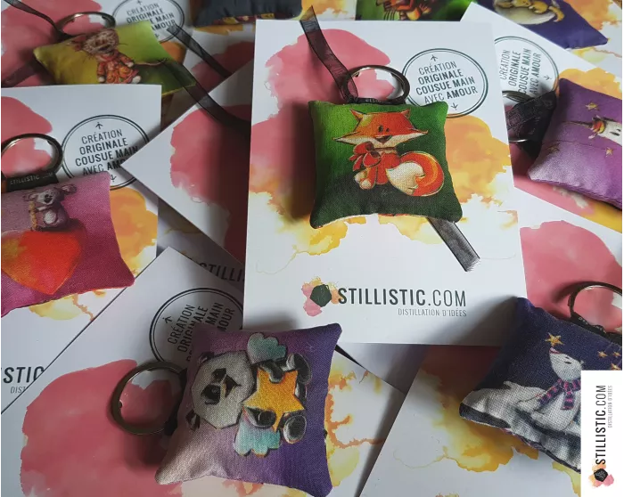 1 x Porte-clé / Bijou de sac en tissu Coton OekoTex fait main motif Renard polaire pour femme ou enfant