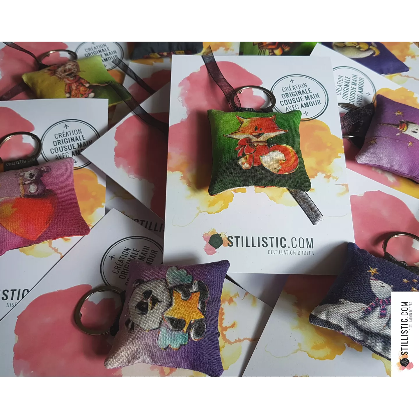 1 x Porte-clé / Bijou de sac en tissu Coton OekoTex fait main motif Renard polaire pour femme ou enfant