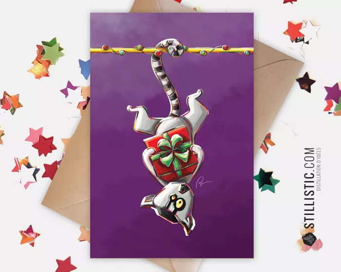 Carte de voeux papier 350g avec Illustration Originale Maki catta et son cadeau pour Noël Nouvel An Anniversaire Fête des mères