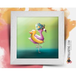 Cadre carré avec Illustration Flamant rose et canard bouée pour Chambre Enfant bébé 25x25cm