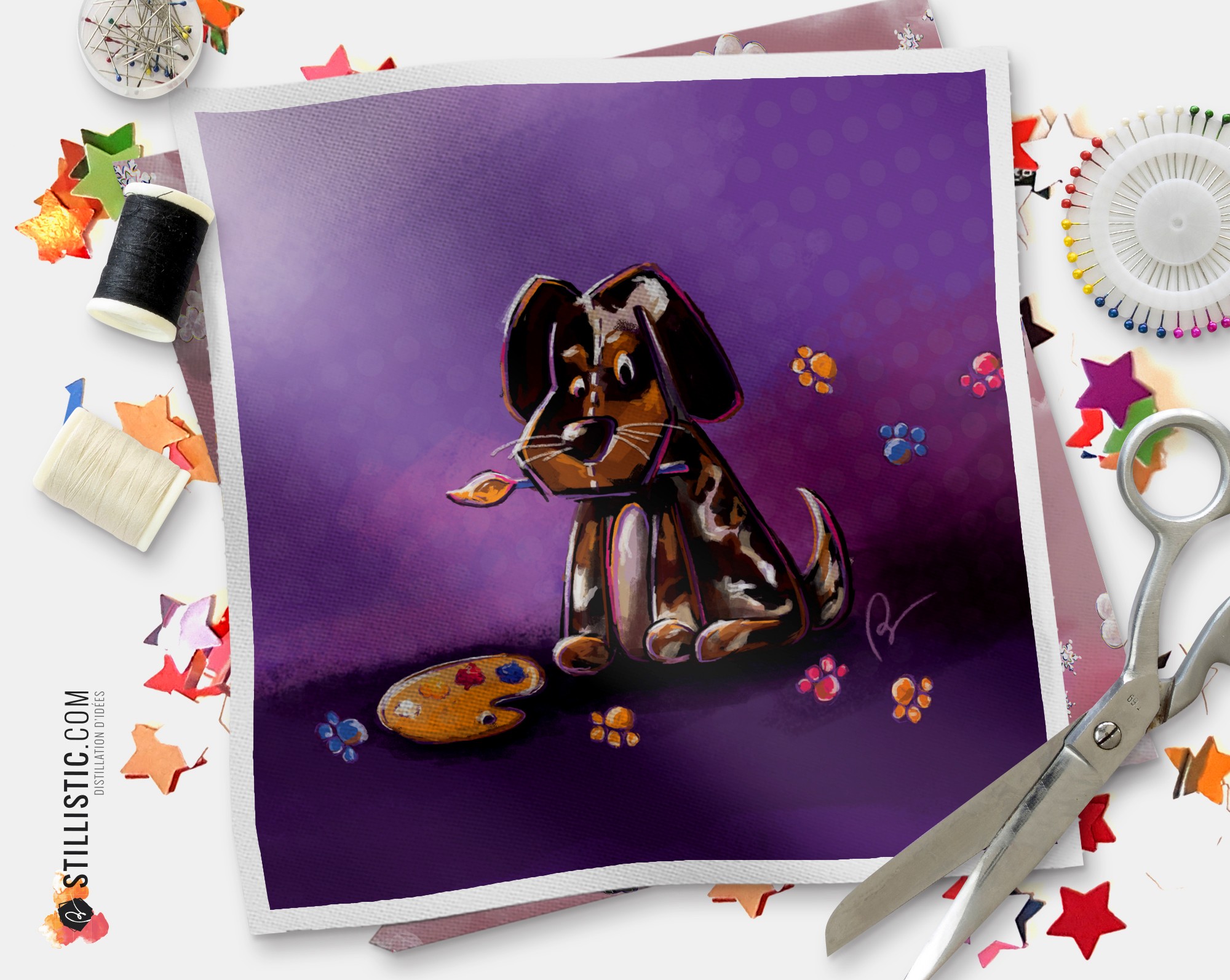 Coupon Tissu Motif Chiens - 53x75cm - Coton Multicolore - Neuf - Made In France